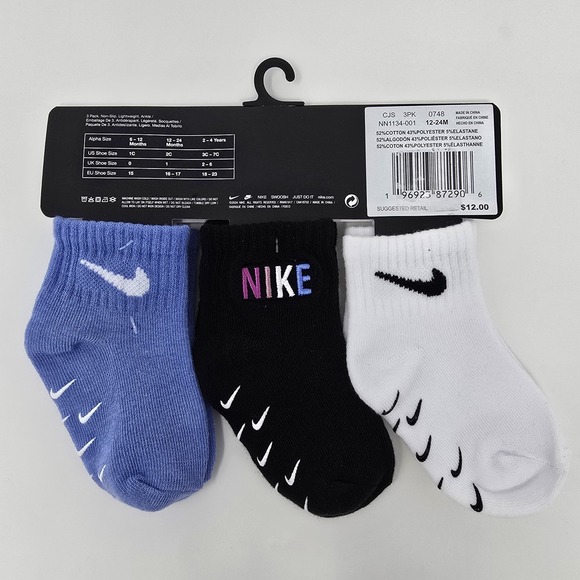 Nike Baby‎ 3 Pair Non Slip Lightweight Ankle Socks~Blue, Black & White 12 - 24 M - Picture 6 of 6